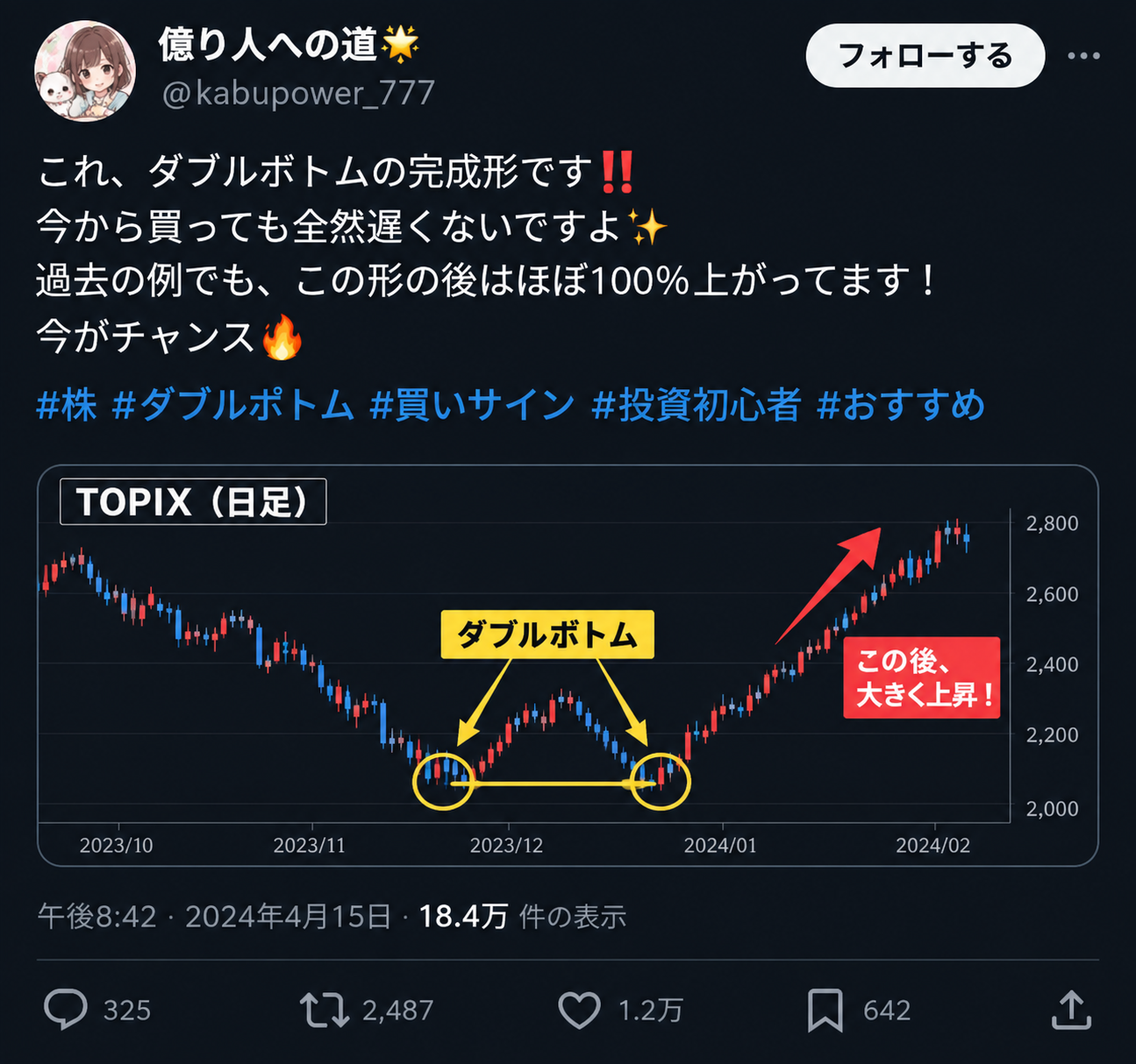 ダブルボトムは買いサインだと主張するSNS投稿の例